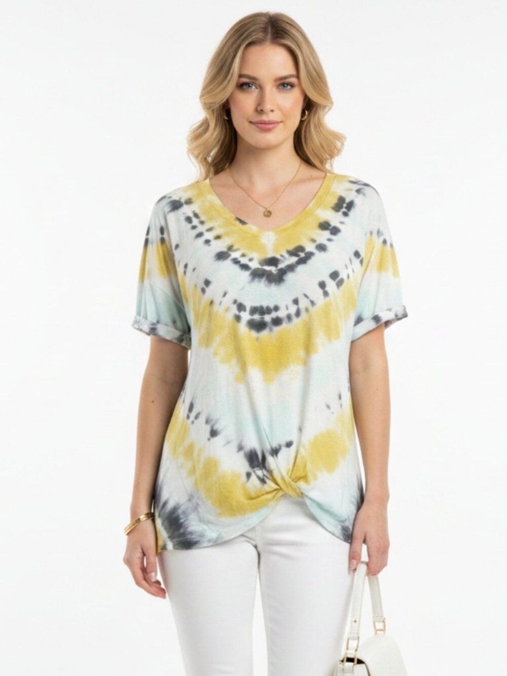 Young Fabulous & Broke White Tie Dye V Neck Short Sleeve Twist Waist Tee Shirt S
